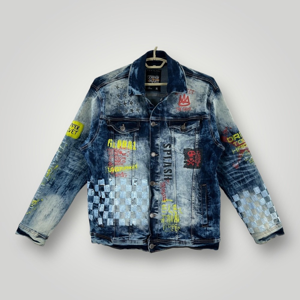 Copper Rivet Denim Jacket Mens XL Blue Bomber Graphic Checkered Street Art Skull